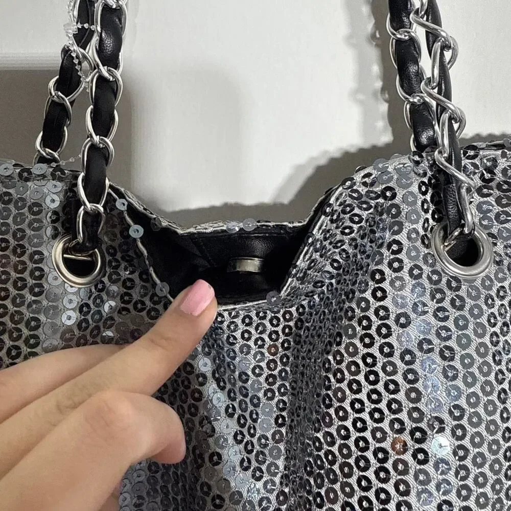 Silver sequin tote bag with chain handles lightweight Tote for festivals summer